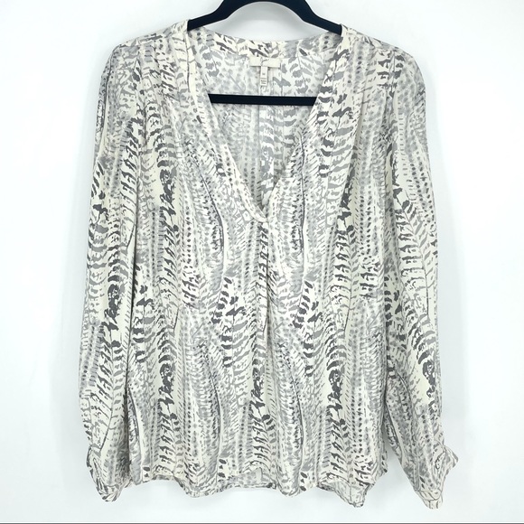 Joie Tops - Joie Yinca Silk Semi-Sheer Blouse Grey & Ivory Crepe Fabric Abstract Print Shirt